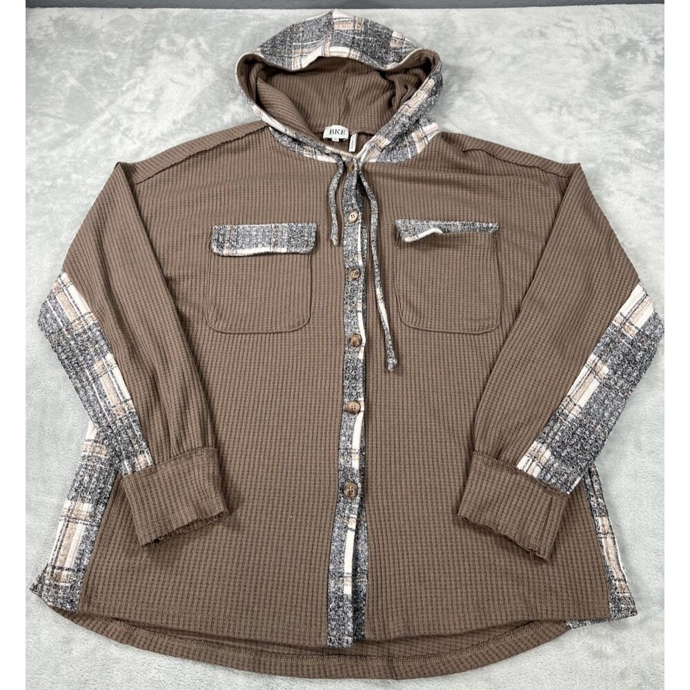 BKE Womens M Waffle Knit Plaid Hooded Shacket Boyfriend Shirt Jacket Brown